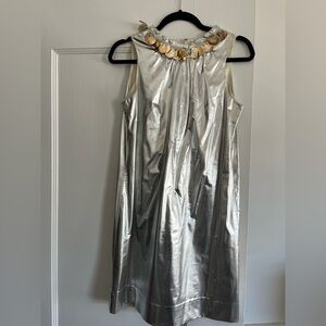 70s Silver Sleeveless Dress with Embellished Neckline